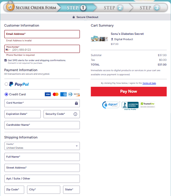 Sonu’s Diabetes Secret Checkout Page